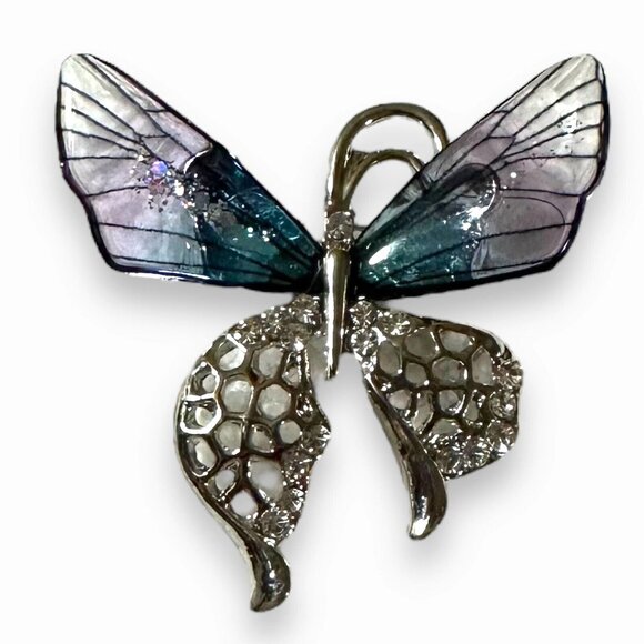 Beautiful Butterfly Brooch Delicate Lucite Wings Rhinestones and Silvery Metal - Picture 3 of 6